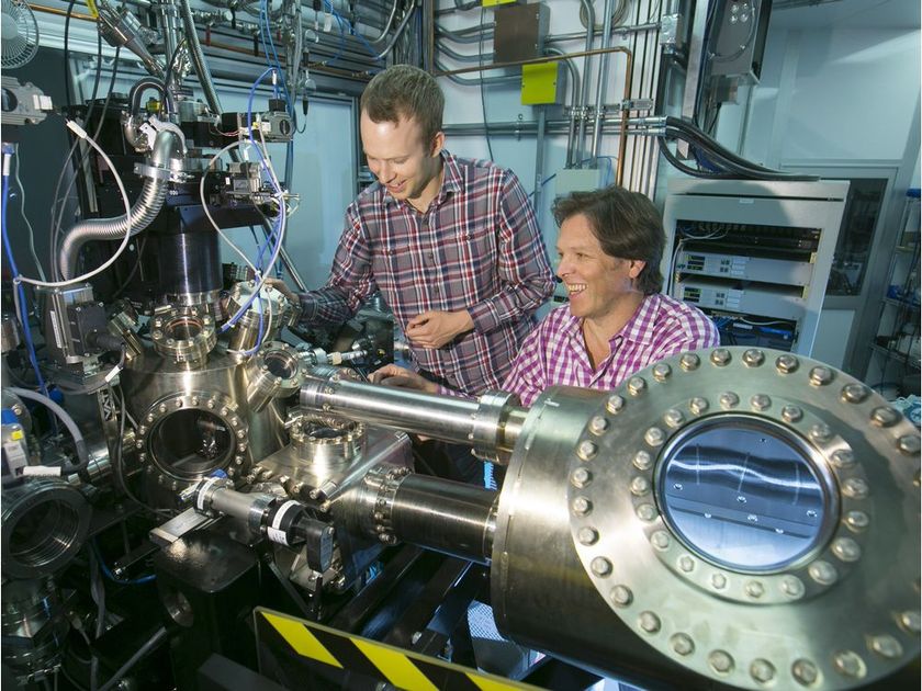 Professor Alexander Moewes (right) and Neil Johnson (left) study a new super-thin material using synchrotron light. DAVID STOBBE / SASKATOON