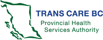 Trans Care BC logo. A green outline of BC to the left of Trans Care BC in blue, underneath is Provincial Health Services Authority in green.