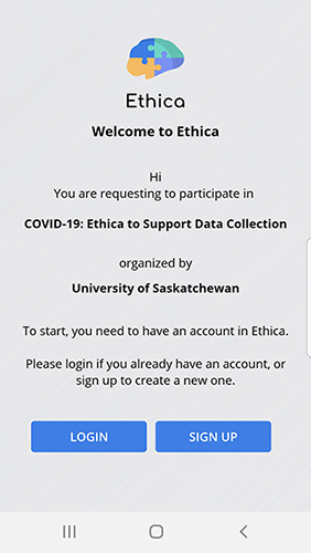 Ethica Log in screen