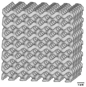 Render of a 3D-printed gyroid lattice structure.