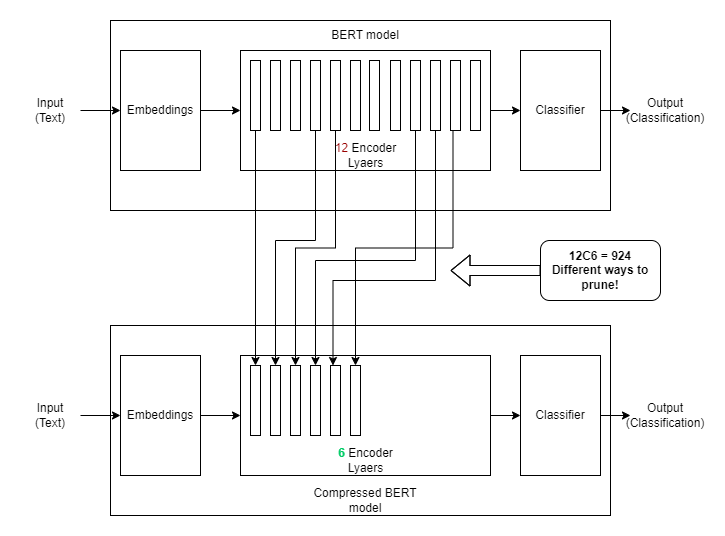 Diagram comparing a twelve-layer BERT model with a compressed six-layer version.