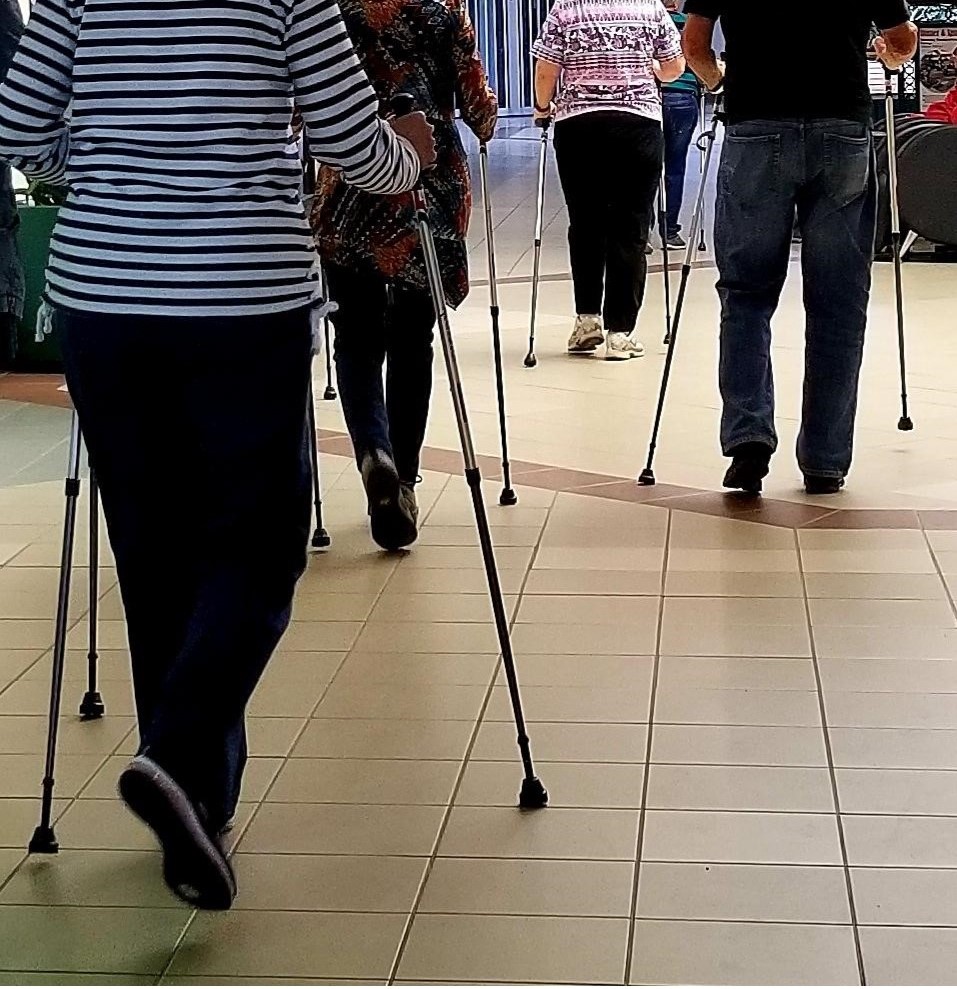 Image of participants walking with poles in a mall