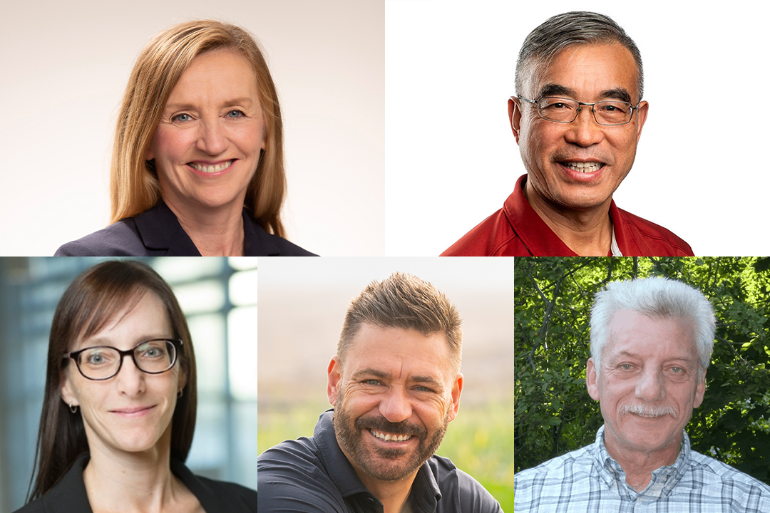 From top left (Clockwise): Dr. Claire Card (PhD), Dr. Daniel Chen (PhD), Dr. Miroslaw (Mirek) Cygler (PhD), Dr. Curtis Pozniak (PhD), and Dr. Barbara von Tigerstrom (PhD).