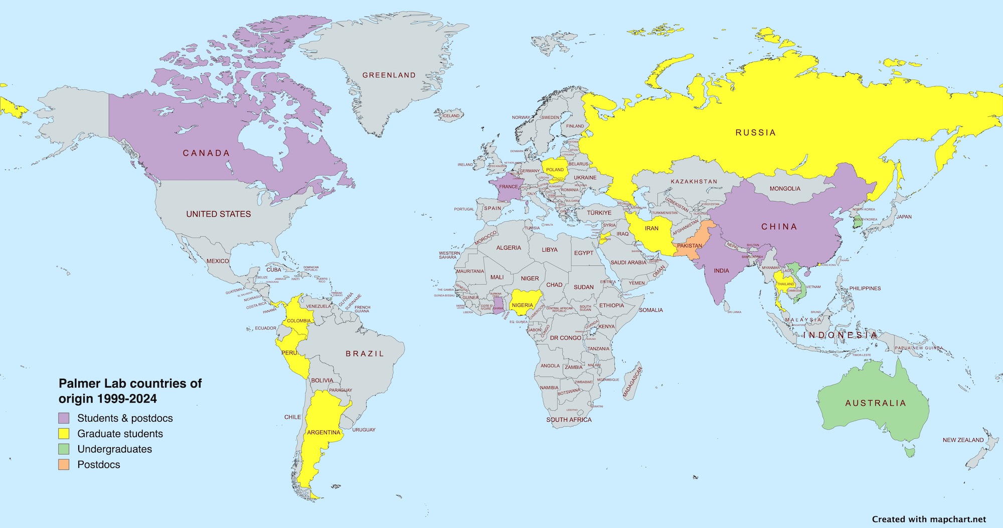 Map showing countries of origin of lab members.