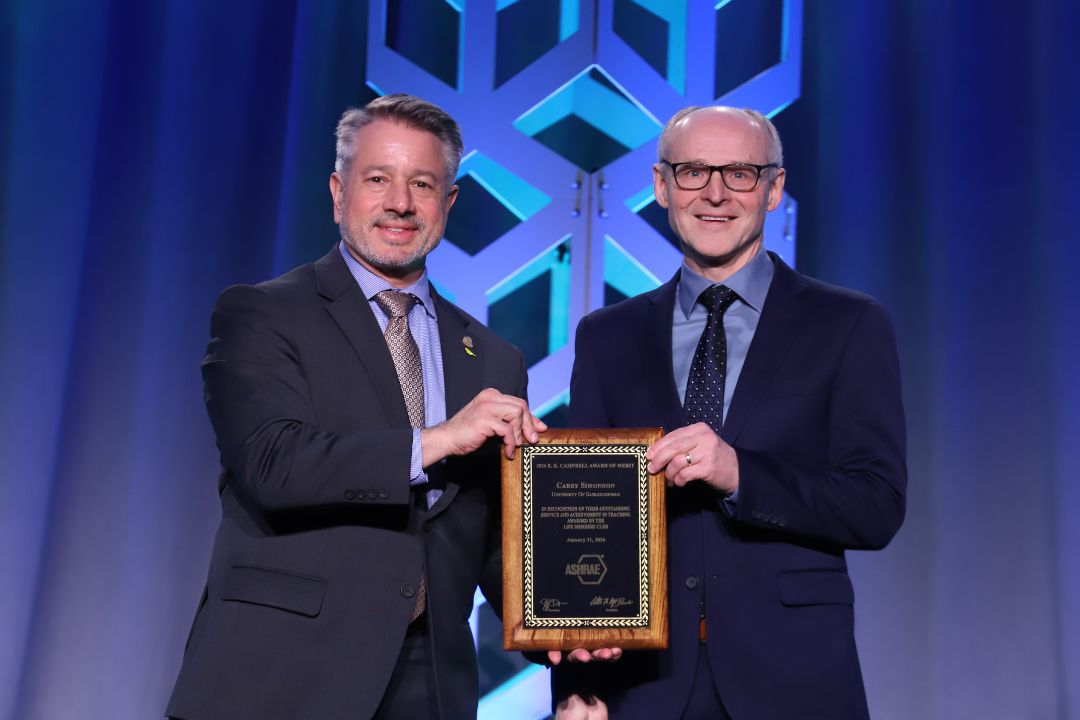 Dr. Carey Simonson accepts the E.K. Campbell Award from the American Society of Heating, Refrigerating and Air-Conditioning Engineers (ASHRAE) at the 2026 ASHRAE Conference in Las Vegas.