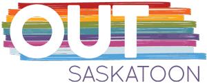 OutSaskatoon Logo. OutSaskatoon written over rainbow stripes.