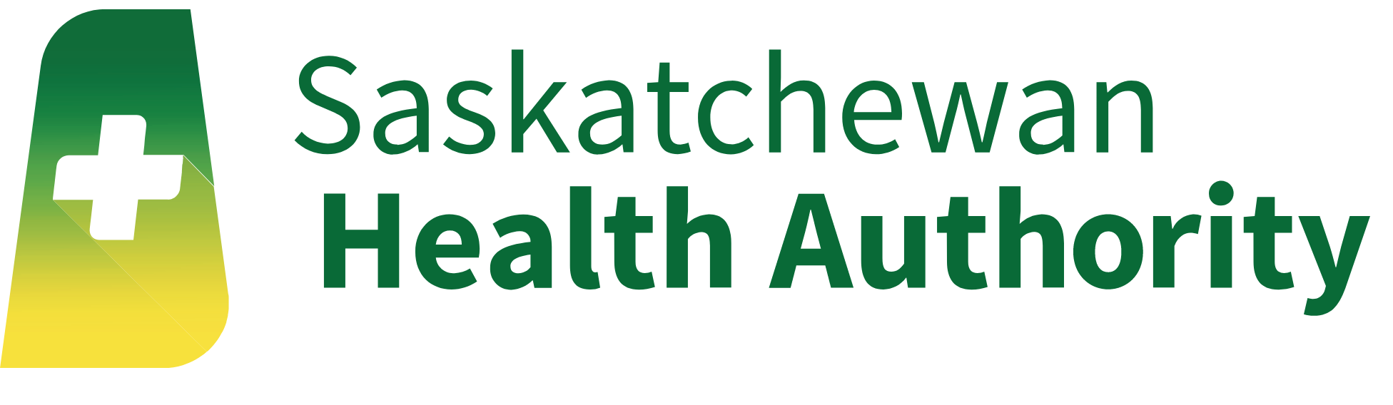 SHA Logo. A green-to-yellow gradient of Saskatchewan with a white medical cross in the middle. Saskatchewan Health Authority is written in green to the right.