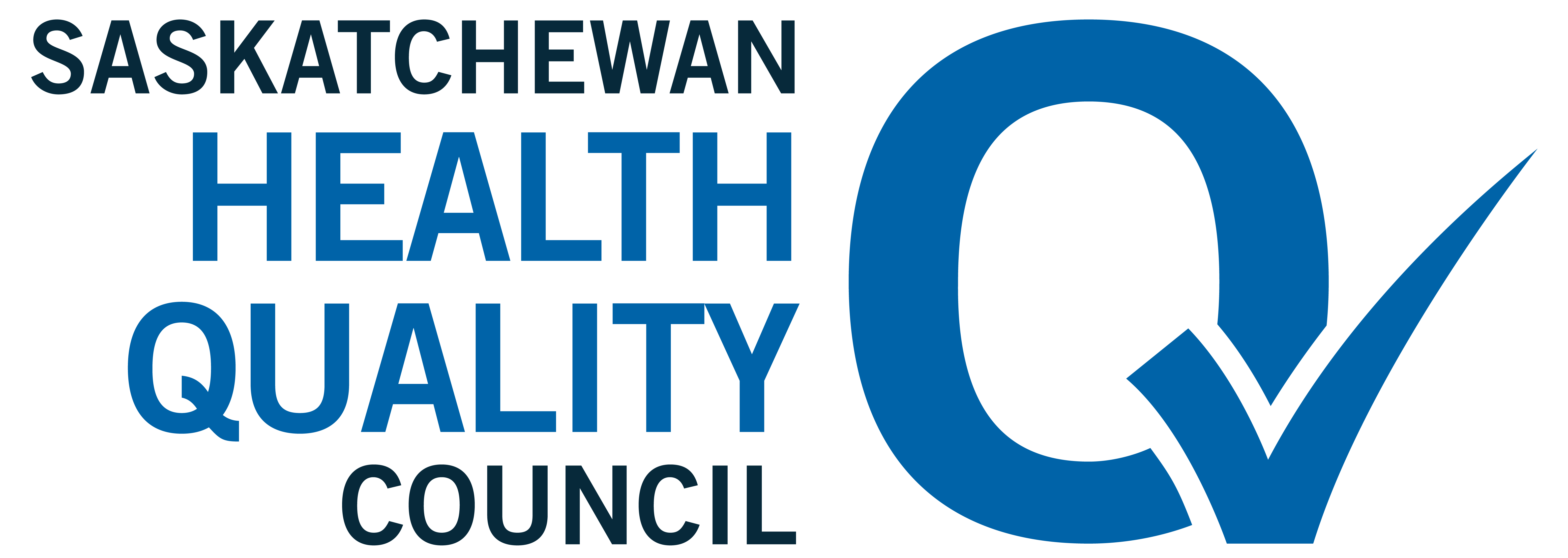 Saskatchewan Health Quality Council Logo. Saskatchewan Health Quality Council in blue to the left of a blue Q with a checkmark for the tail.