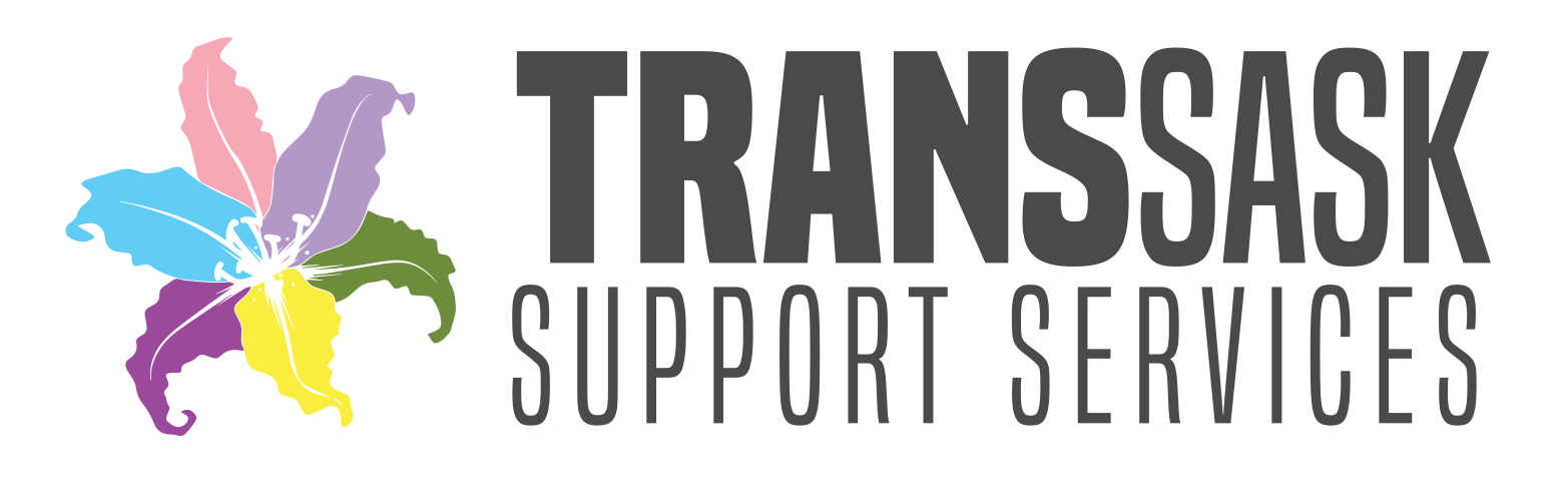 TransSask logo. A multi-colour tiger lily with pink, blue, purple, yellow, green, and lavendar petals to the left of TransSask Support Services 