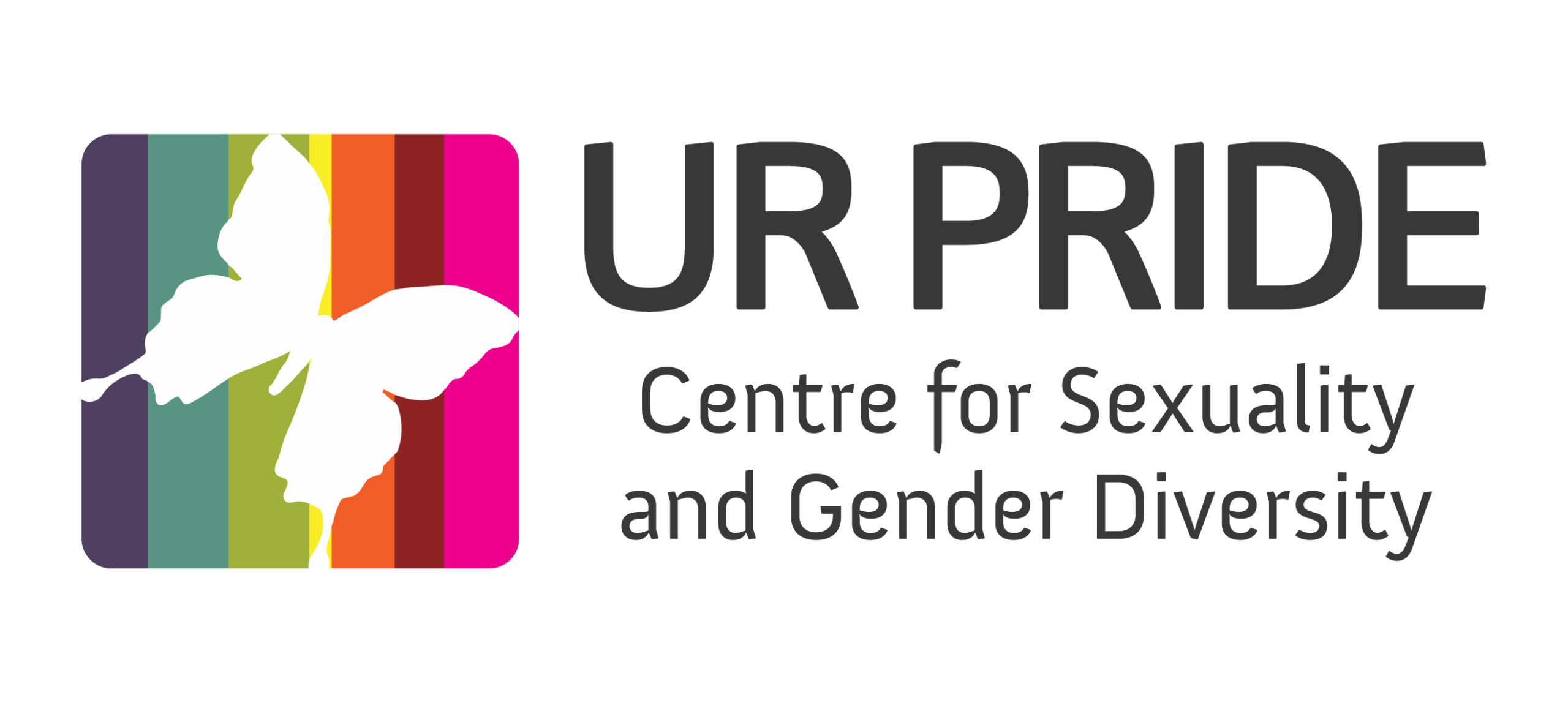 UR Pride logo. A white butterfy over a square with rainbow lines to the left of UR PRIDE Centre for Sexuality and Gender Diversity