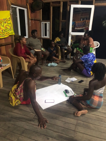 Youth leaders from Saramaka Traditional Territory, Suriname, work on short-term and longer-term project ideas to foster intergenerational knowledge transmission in their communities. (Photo: Jim Robson)